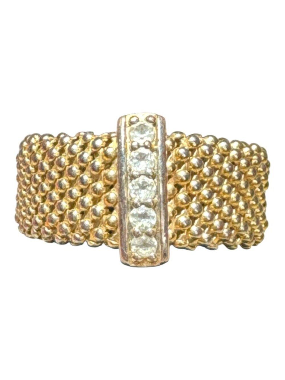 Gold-Tone Wide Mesh Italian Ring with Rhinestone Accent Band